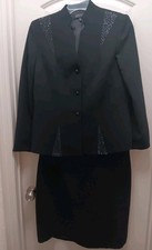 KASPER Ladies 14 Skirt Suit Black Knee Skirt And Button Jacket With Beading