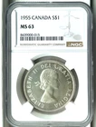 1955 Canada Silver Dollar, NGC MS 63, KM-54, Mainly Brilliant White