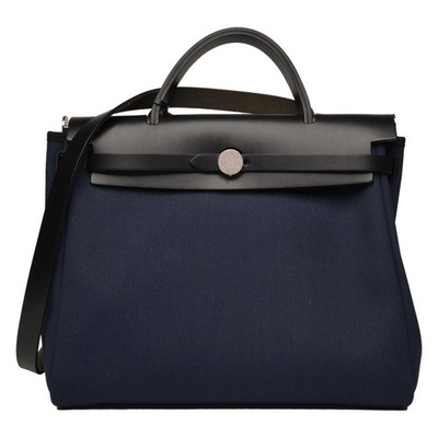 HERMES Herbag 31 Zip Canvas Bleu Marine Noir Silver Hardware