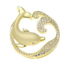 YELLOW GOLD STERLING SILVER 925 HAWAIIAN DOLPHIN OCEAN WAVE SLIDE PENDANT CZ