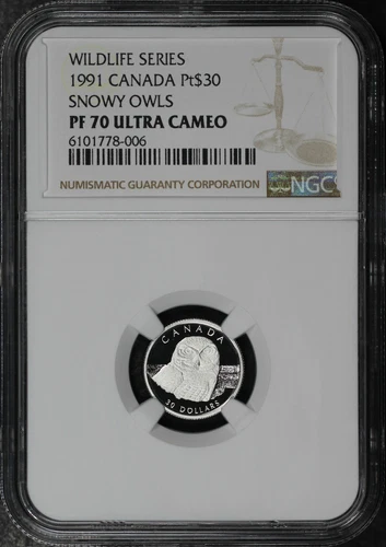 1991 Canada $30 Platinum Wildlife Series Snowy Owls NGC PF-70 Ultra Cameo