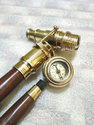 Brass Finish Compass Spyglass Walking Stick - Vintage Style Telescope Cane 38 Inch