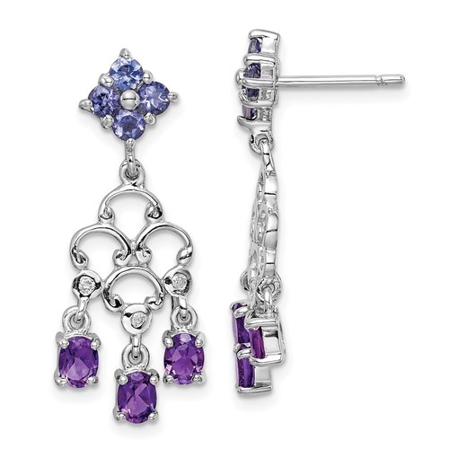 Sterling Silver Rh Plated Amethyst Iolite and Diamond Dangle Earrings 2.6g