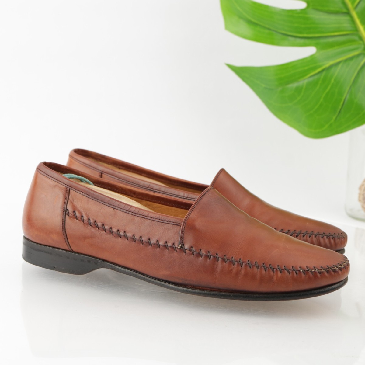 Mezlan Mens Loafer Size 7.5 Tan Cognac Leather Moc Toe Slip 