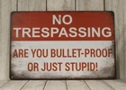 No Trespassing Tin Sign Warning Are You Bulletproof or Stupid Vintage Rustic New