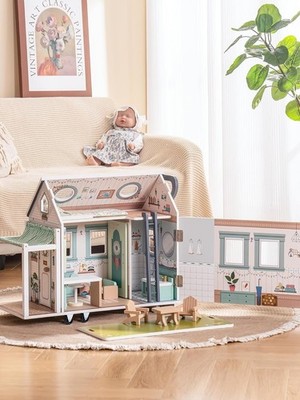 Robud Wooden Dollhouse Pretend Play RV Set Dollhouse Moveable with Furniture