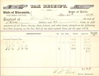 1879 Wisconsin Tax Receipt Town of Leeds Columbia County Property Levy