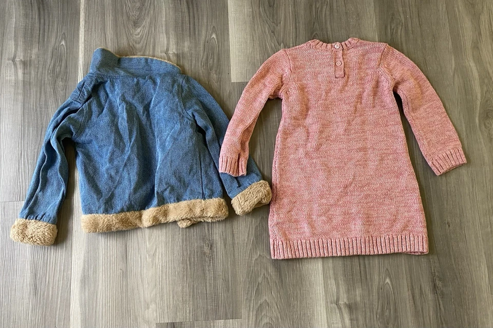 Little Lass 4T Pink Knit Dress With Denim Fur Jacket - Image 3 of 4