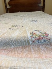 Quilt Vintage Handstitched Embroidered Quilt 73x99  Cond Issue Posie