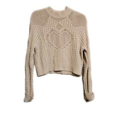LA Heart Crop Sweater with Heart Pattern Beige Women's Size Medium
