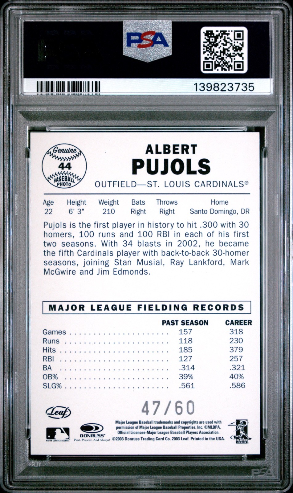 2003 Leaf 60 Albert Pujols FOIL /60 PSA 9 MINT! 🔥 Pop 4... HIGHEST GRADED! view 2