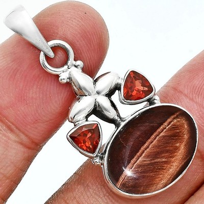 Natural Red Tiger Eye & Garnet 925 Sterling Silver Pendant Jewelry P-1673