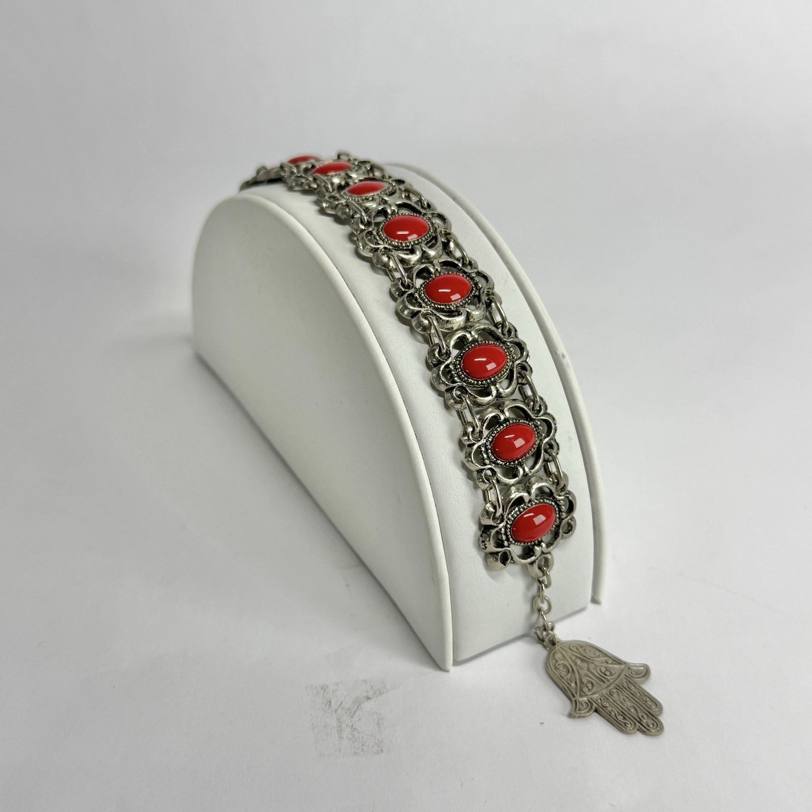 Elegant Hand of Fatima Stone Cabochon Silver Tone Vintage Bracelet Jewelry Br207