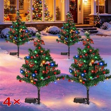 4 Pack 2.5Ft Solar Christmas Tree with Bows and Red Berries, Pathway Stake Light