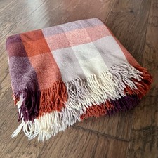Vtg Wool Throw Blanket Plaid Autumn Fall Cozy Orange Brown Beige Classic 50x50