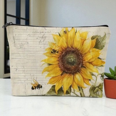 Vintage Sunflower Bee Cosmetic Bag Linen Script Botanical Makeup Pouch