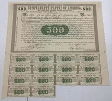 Type 4, Ball 7,  1861 $500 Confederate States of America Loan with 14 coupons