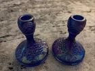 Pair of 2 Fenton Art Glass Blue Carnival  Candlestick Holders - Orange Tree