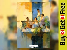 Charming Balcony Gathering, Oil Painting Print 5"x7" on Matte Paper