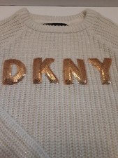DKNY Girls Cable knit Sweater Size 4 Gold Sequins Letters Gold thread