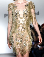 New NWT Pamella Roland Runway Fringe Gold Sequin Embroidered Cocktail Dress US 6