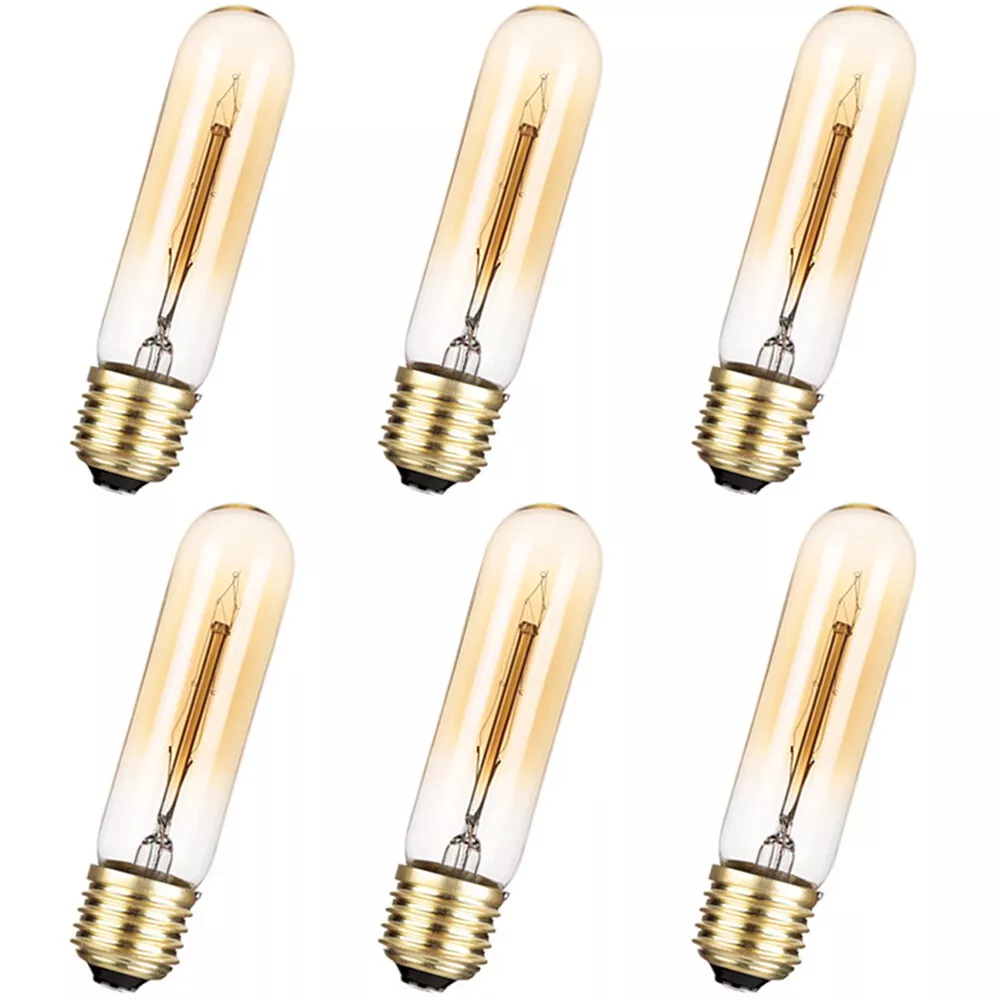 6 Pack T10 Tube Antique Light Bulb E27 Screw 40W Tungsten Filament Edison Bulbs