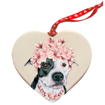 Pit Bull White with Black Pit Bull Dog Porcelain Floral Heart Shaped Ornament Dé