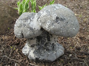 Vintage Cement Weathered White Pitted Lawn DOUBLE Mushroom Cluster