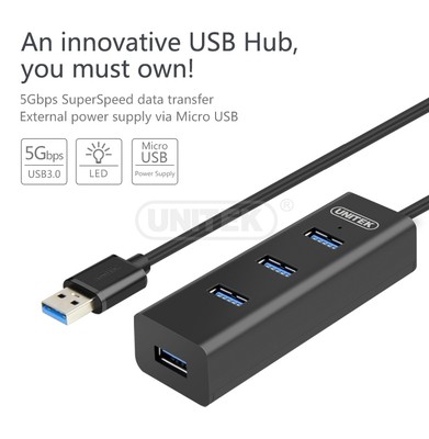 UNITEK Portable 4 Port USB 3.0 Hub 5gbps Micro B Power for Apple Mac for sale online |