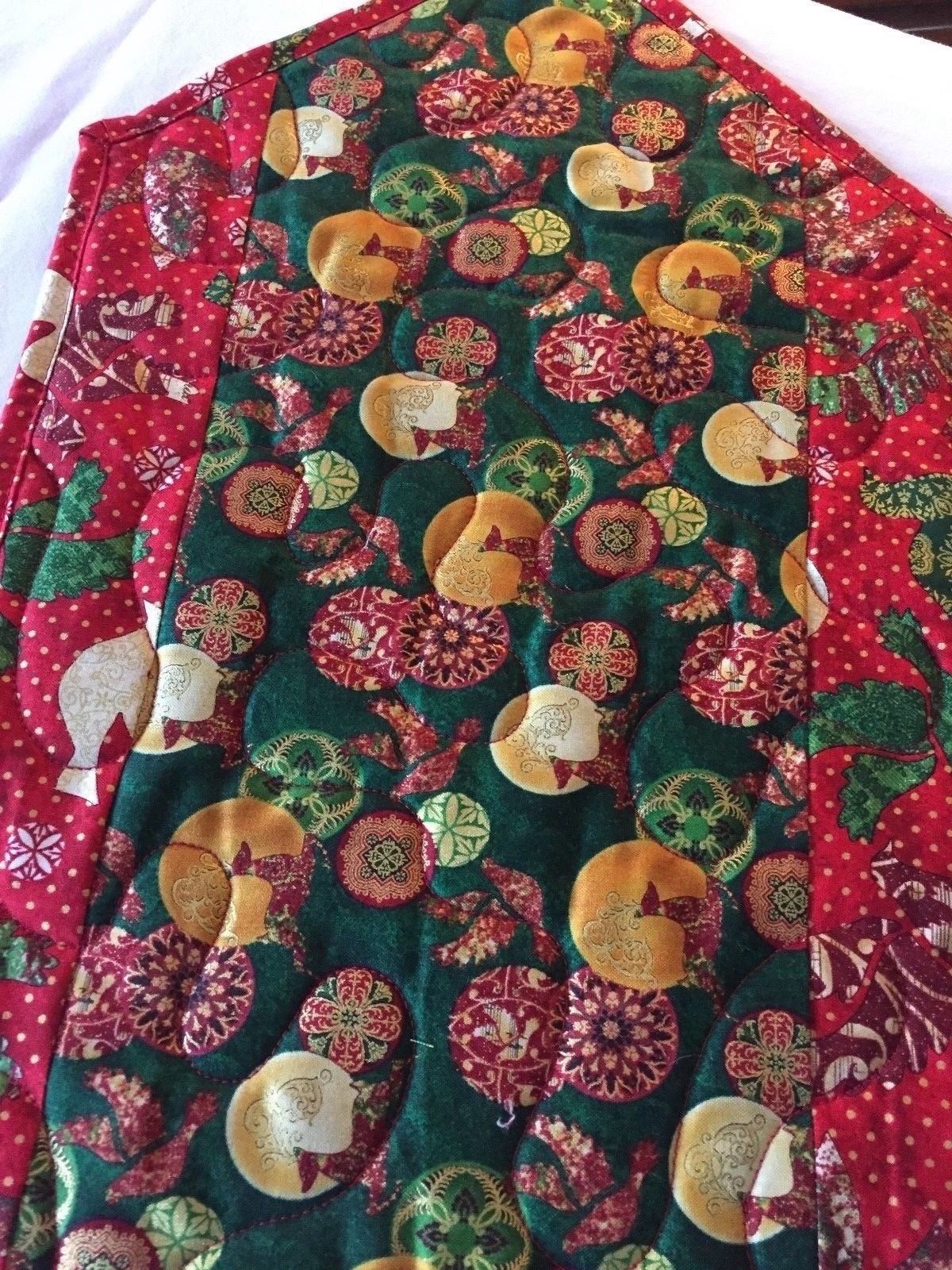 Handcrafted-Quilted Table Runner - Christmas Symbols - Ornaments, Reindeer, Dove