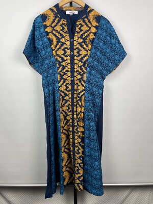 Taaga Blue Yellow Abstract Print Short Sleeve Midi Button Up Kaften Dress Size M