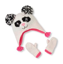 THE CHILDREN'S PLACE GIRL PANDA POM POM HAT MITTENS SET SHIMMERY KNIT M2T-3T