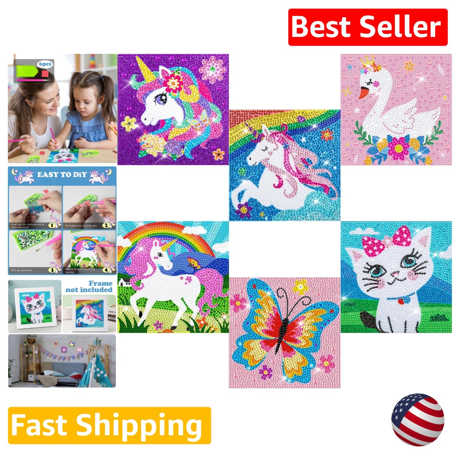 DIY Diamond Art Kit for Kids - 6 Pack - Enhance Creativity & Patience