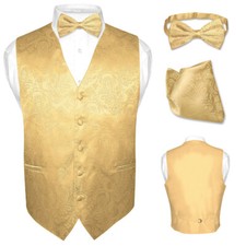 Men's Dress VEST Bow Tie GOLD Color PAISLEY Design Suit Tuxedo BowTie Hanky Set