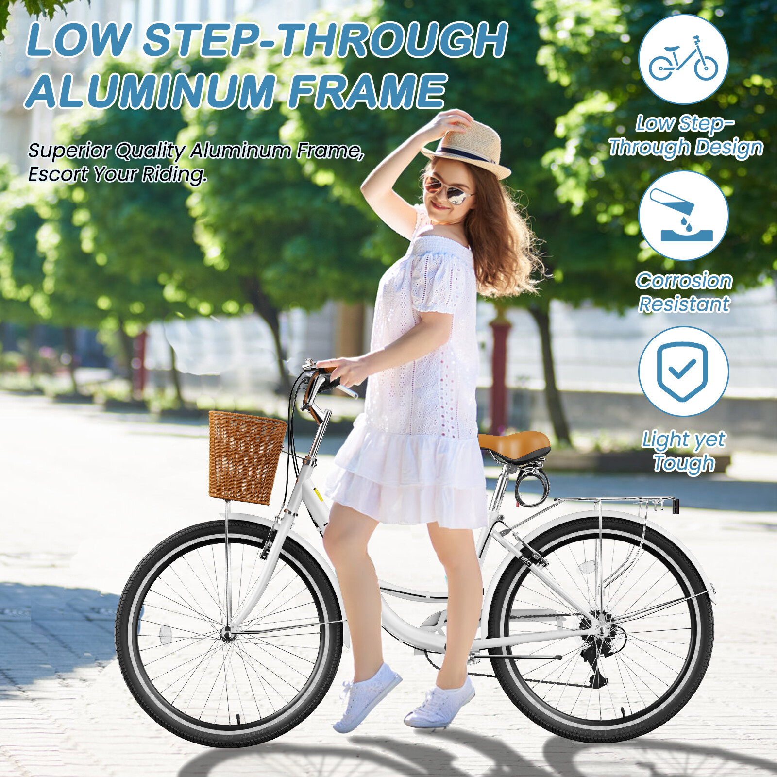 MOONCOOL Women Bike 7 Speed Bicycle with Basket&Lock Beach Complete Cruiser Bike
