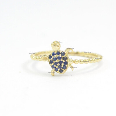Blue Sapphire Gemstone Turtle Animal Stackable Ring in Solid 14k