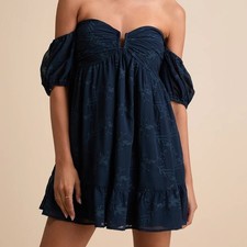 NWT Lulus Cutest Icon Navy Embroidered Off Shoulder Mini Dress Fairycore Size S