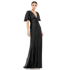 Mac Duggal 55402 Black Satin Flounce Sleeve Gown Maxi Dress 4 NWT