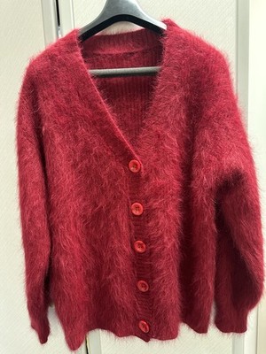 Atemberaubende haarige ''Nerz'' Strick Oversize Cardigan-sattes tiefes Rot Uk 10-12