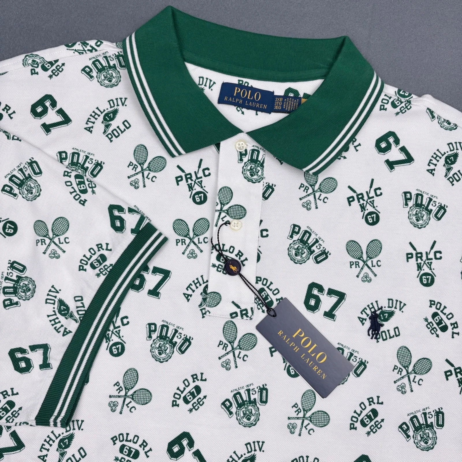 Polo Ralph Lauren Classic Fit Big & Tall WhiteGreen Tennis Print Mesh Polo Shirt