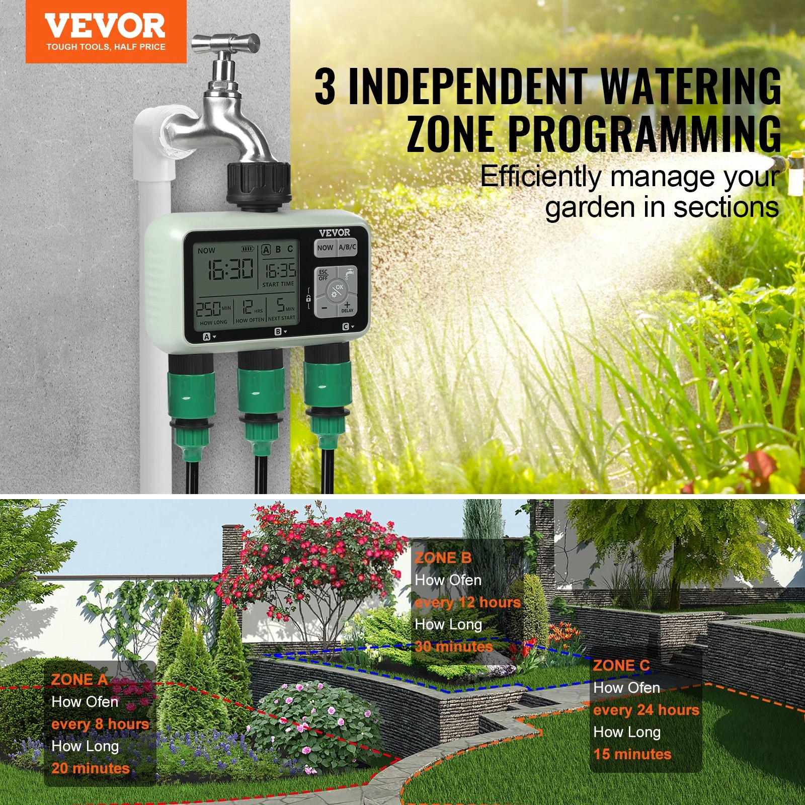 3-Outlet Water Timer, Sprinkler Hose Timer with LCD, Rain Delay, Manual Mode