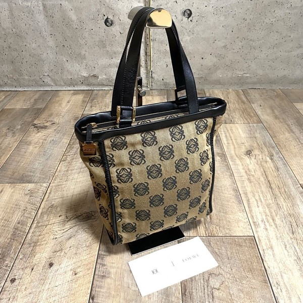 LOEWE Anagram Canvas Leather Mini Tote Bag Handbag Black Leather Bag Old Vintage