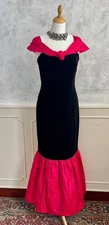 Vintage FEATHERS OF ISCA Black Velvet Pink Fitted Fishtail Cocktail Dress 10