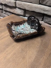 Vintage Great Smoky Mountains Ceramic 2 Piece Ashtray W/ Bear 3 Cigarette Slots