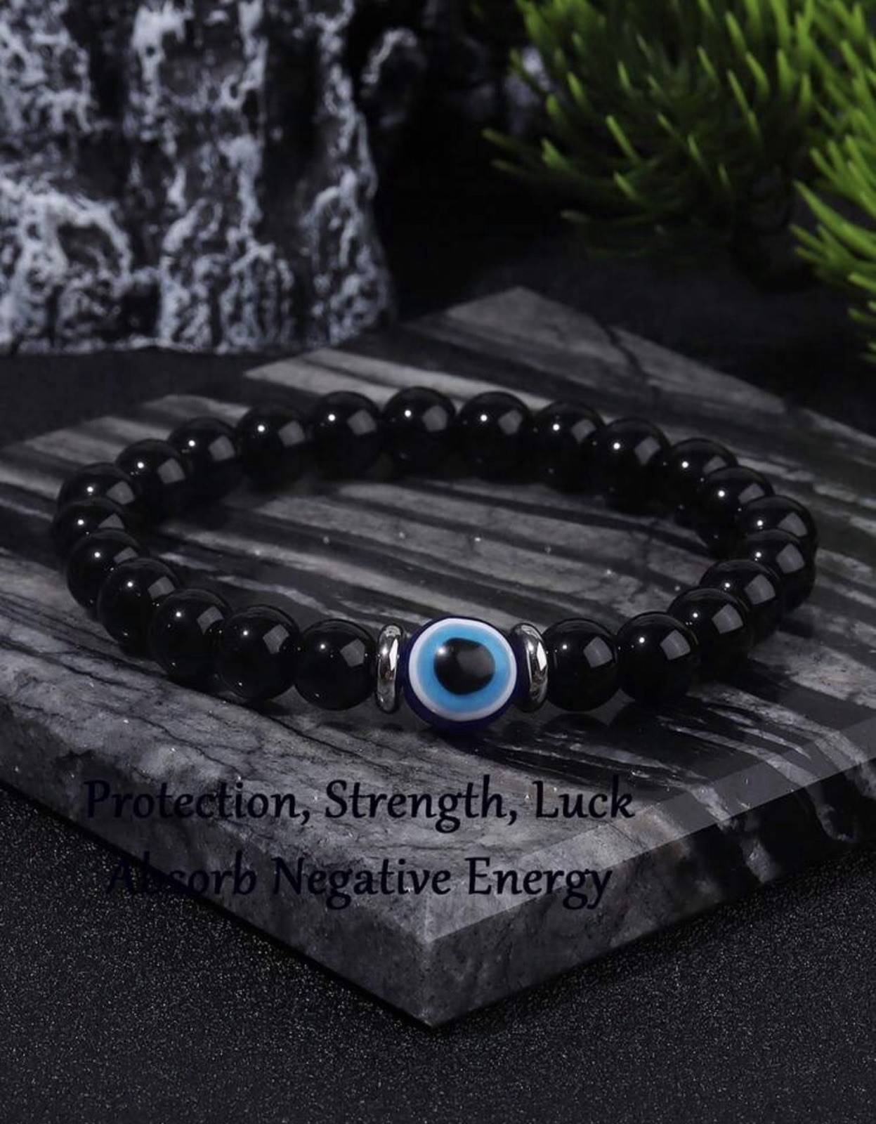 Bracelet en pierres naturelles tourmaline noire protection et perle mauvais œil extensible