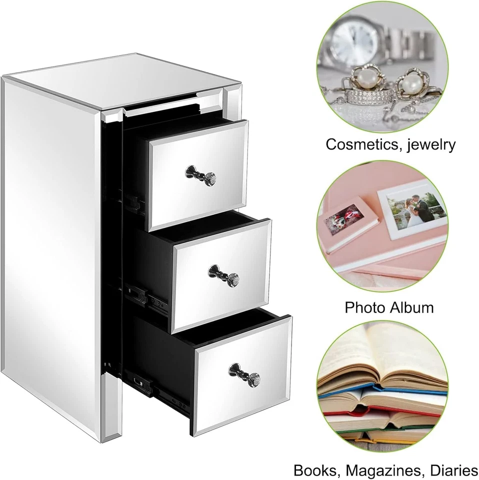 Mesitas de noche con espejo de vidrio plateado con mesitas auxiliares de cama pequeñas de 3 cajones Foto 3 de 4