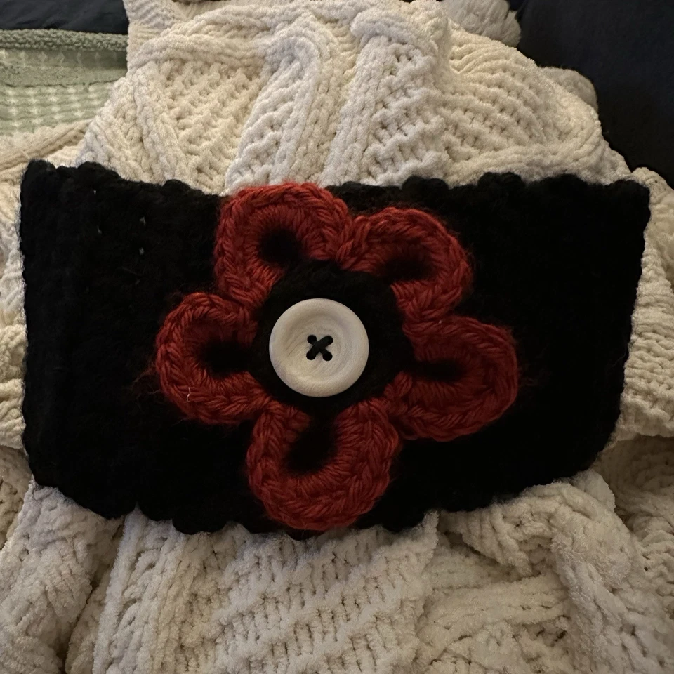 Headband Ear Warmed Handmade Crochet warm Winter Red Flower Black Band - Image 3 of 4