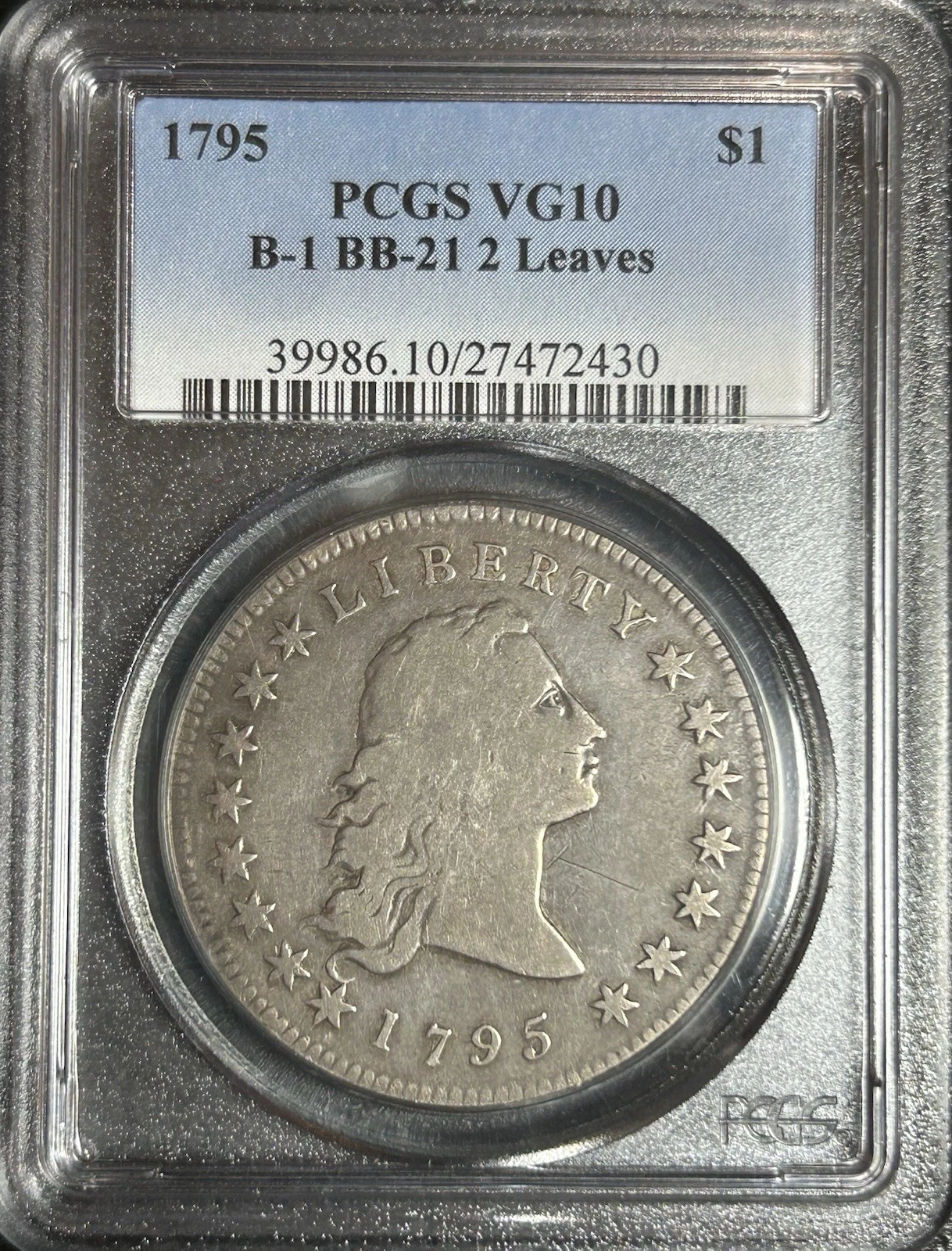1795 Flowing Hair Silver Dollar $1 PCGS VG10  B-1 BB-21 2 Leaves Rare US Coin