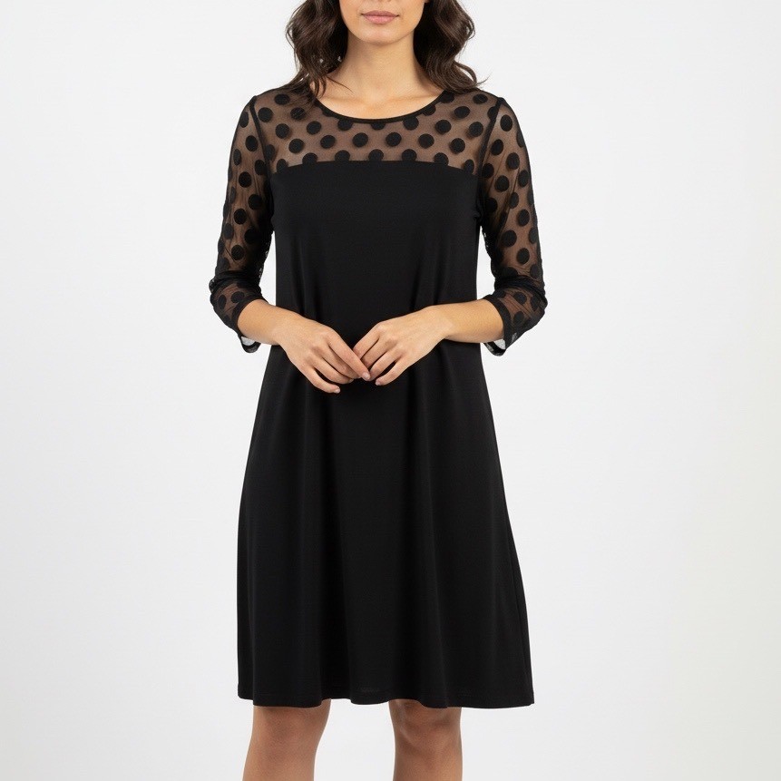 Nina Leonard Black Polka Dot Mesh Sleeve Sheath Dress Size S
