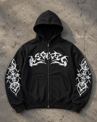 Y2K Tribal Graphic Zip Up Hoodie Black Gothic Streetwear Oversized Jacket
